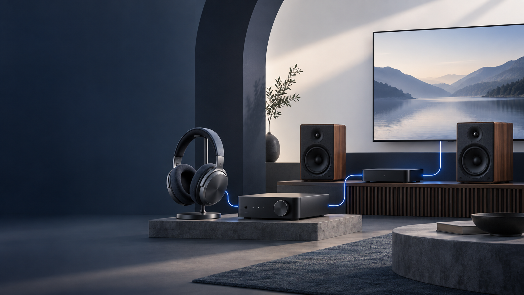 Illustrated headphone, DAC, streamer, speakers, and television linked by an audio signal